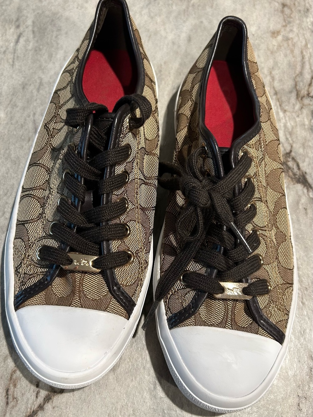 Coach Low-Top Signature Canvas Sneakers in Khaki/Brown with Red Insole